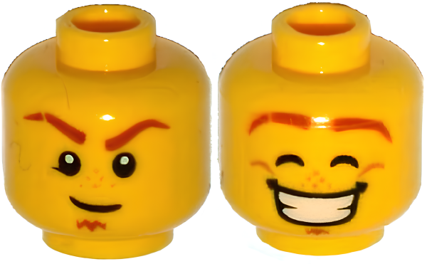 Голова Lego 3626cpb1504 Minifigure, Head Dual Sided Dark Orange Eyebrows with Scar, Soul Patch, Medium Nougat Freckles, Determined / Smile with Teeth, Dimples, Eyes Closed Pattern - Hollow Stud